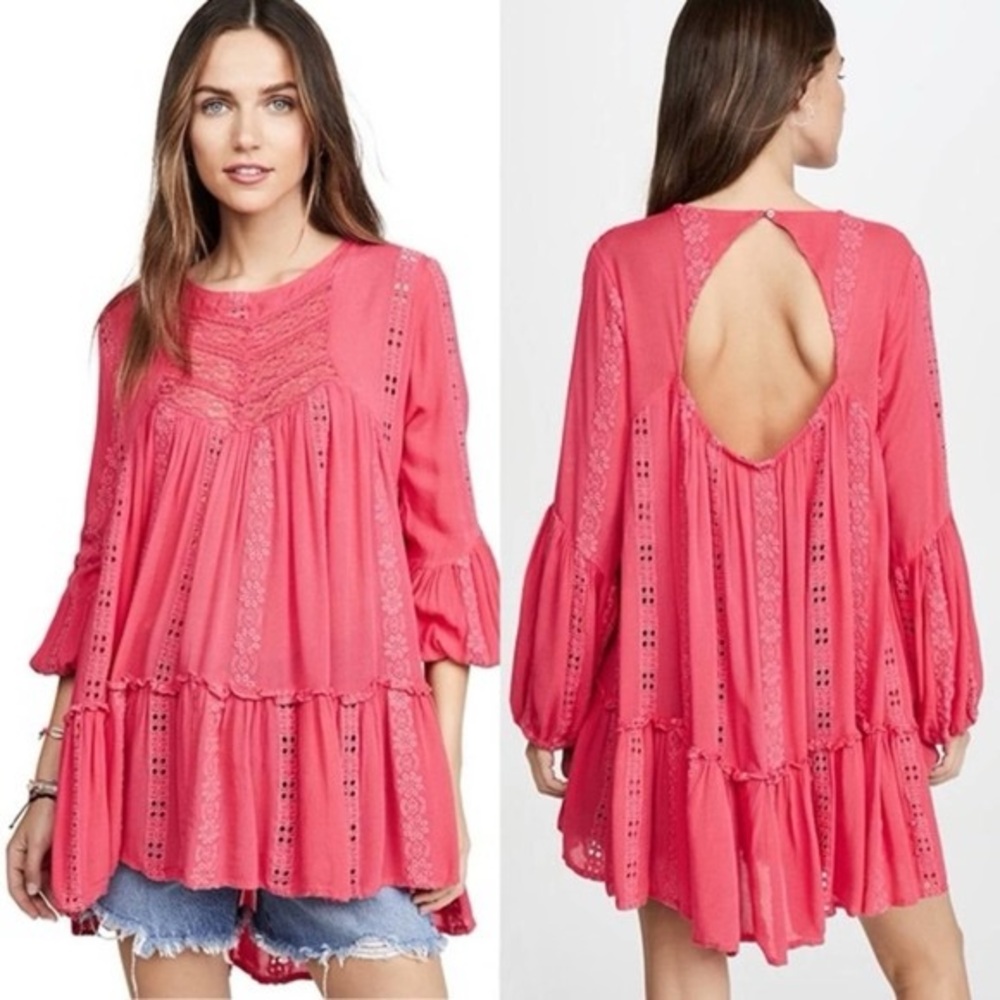 free people sweetest dream pink lace embroidered tunic